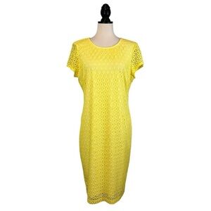 Bisou Bisou Yellow Eyelet Lace Dress Short Sleeve Knee Length Size 16 B33#40